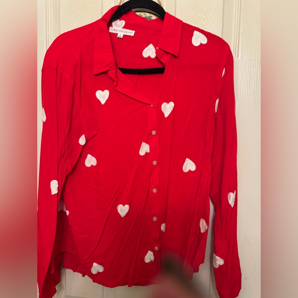 Red Button-Up Shirt with White Heart Pattern